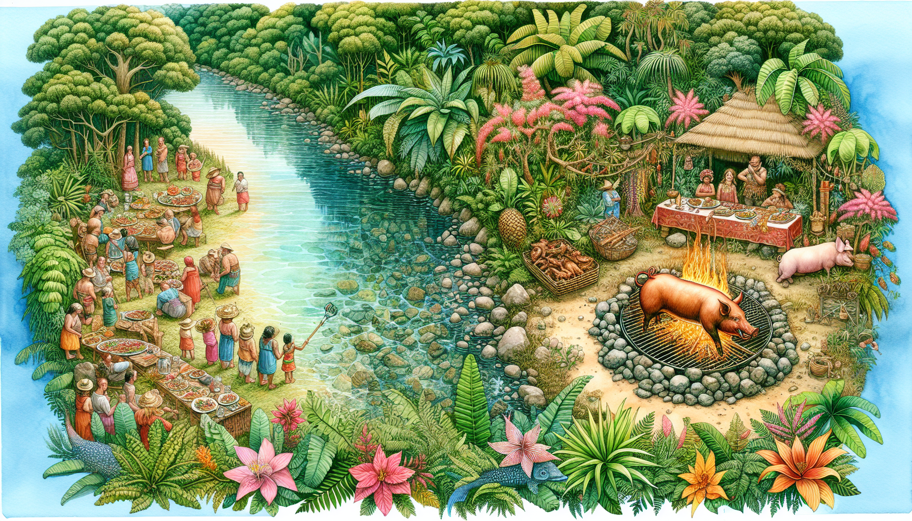 Watercolor masterpiece of a holiday pig roast in the jungle next to a river