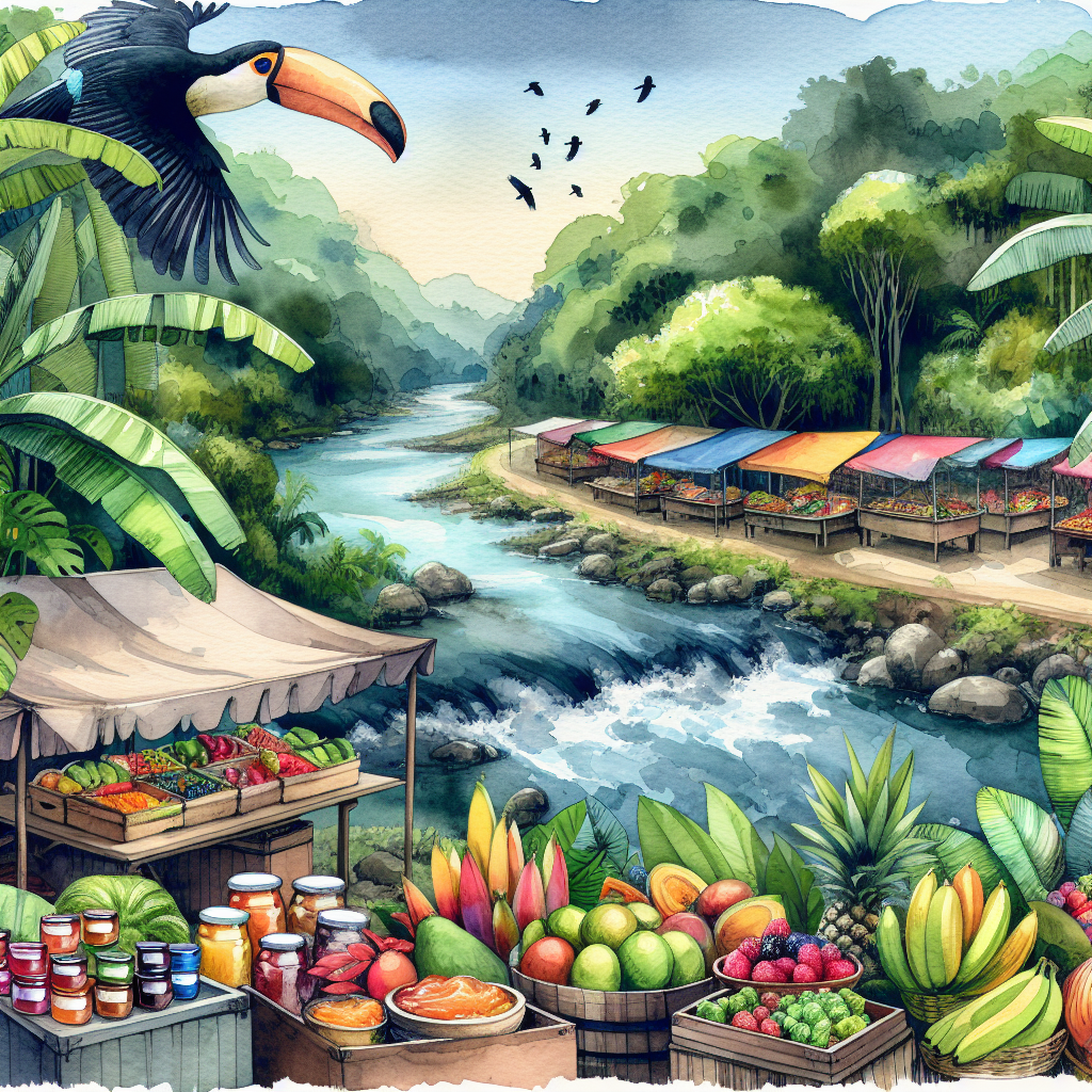 Watercolor masterpiece of a markets selling tropical fruits and vegatables as well as jams and jellies located in a tropical jungle setting alongside a meandering river. Toucans and parrots fly in the background.