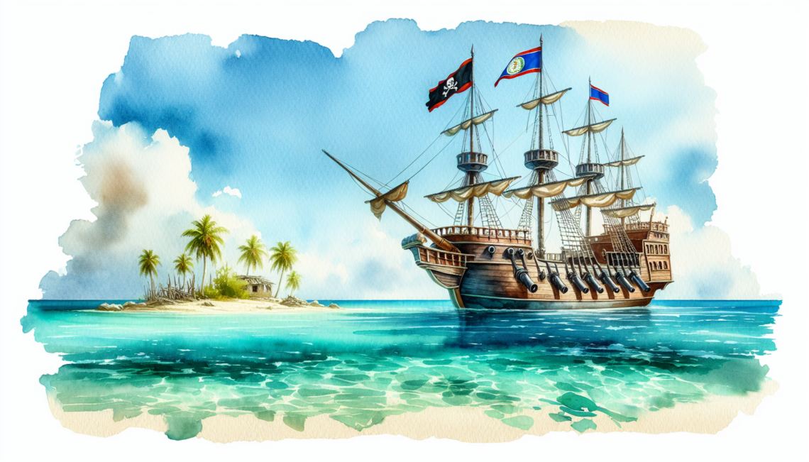 A watercolor masterpiece or a pirate ship floating in clear blue carribean water. The ship is flying the jolly roger and the flag of belize and has guns showing. a small deserted island with palm trees is behind the boat.